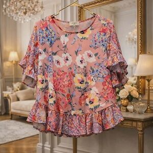 Umgee Floral Ruffle Blouse - Pink and Blue